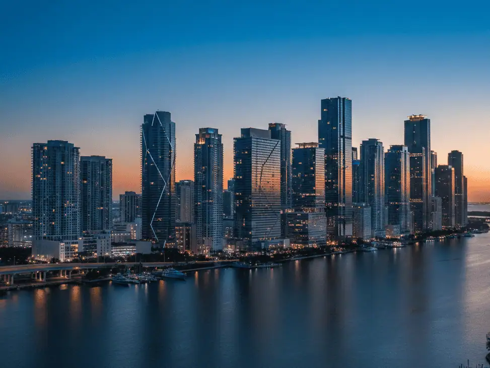 Aerial photograph of Miami Brickell skyline at blue hour twilight