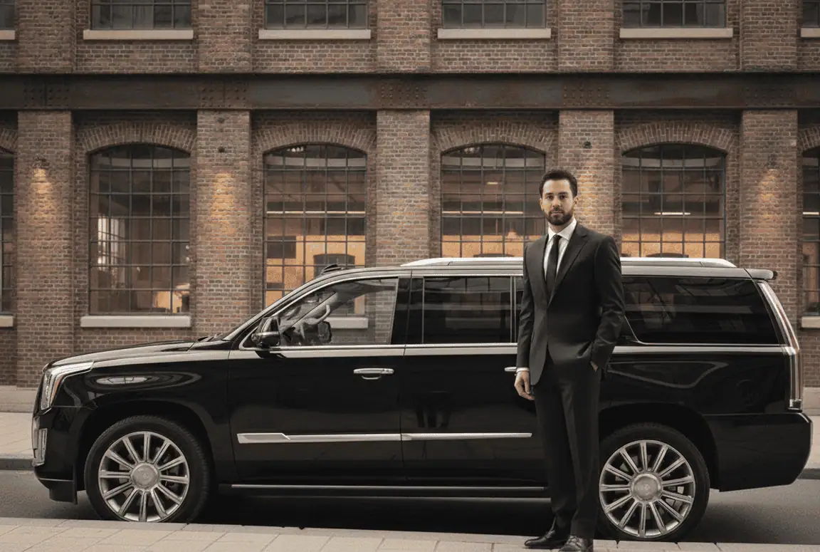 Cadillac Escalade ESV Limo with the drivers standing in front