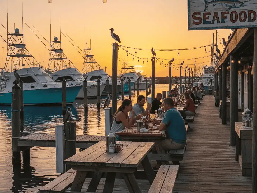 Dinner hour at a rustic Florida Keys marina restaurant