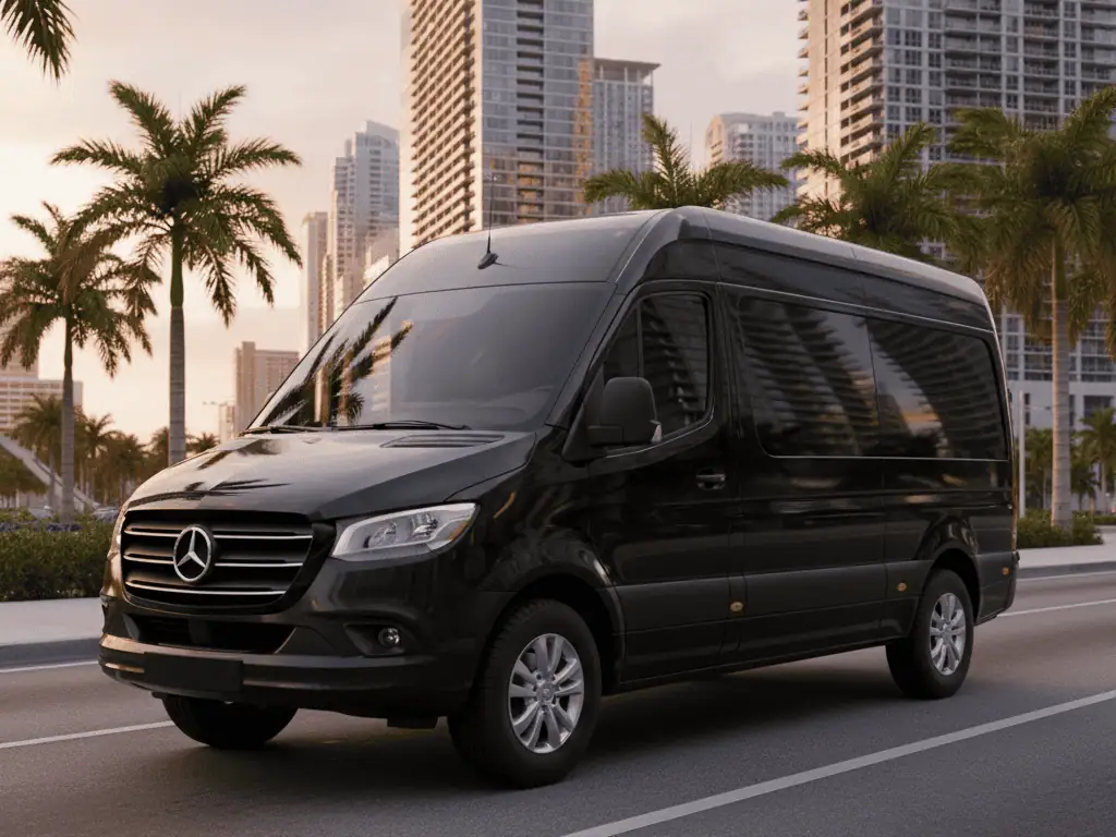 Black Mercedes-Benz Sprinter Executive van driving through Miami at sunset, Brickell skyline and palm trees in background — luxury group chauffeur and corporate transportation service Miami by Metheora Limo Miami