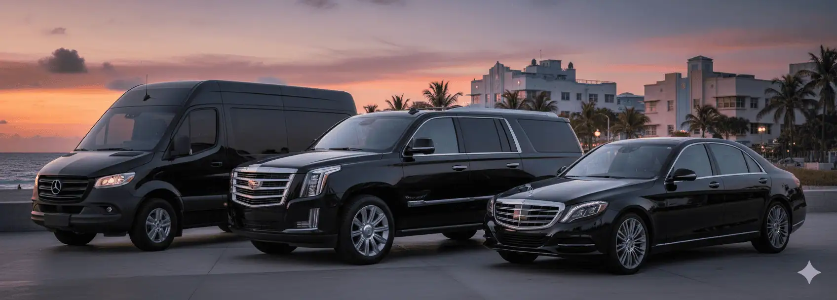 Metheora Limo Service fleet parked in South Beach at sunset.