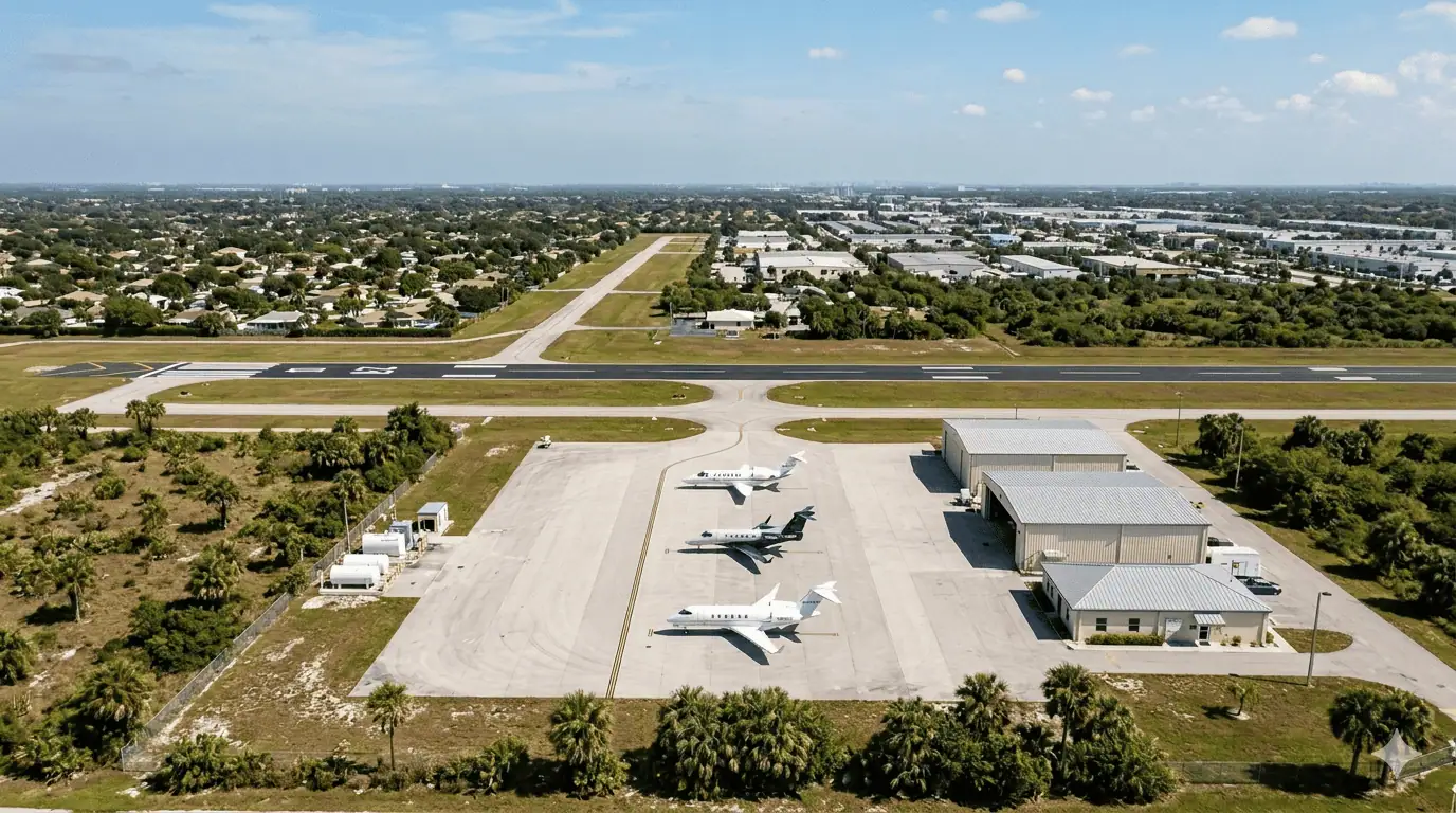 Aerial view of Miami Executive Airport (TMB) showing private business jets parked on the FBO ramp beside a general aviation hangar, with South Florida suburbs stretching to the horizon