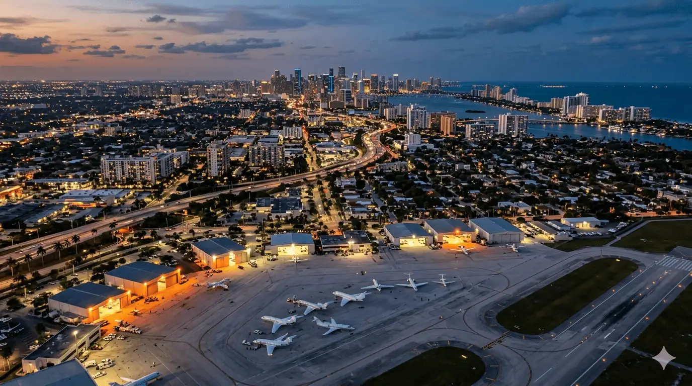 Aerial view of Opa-locka Executive Airport at dusk showing multiple business jets on the ramp, with the Miami city skyline and Biscayne Bay visible in the background