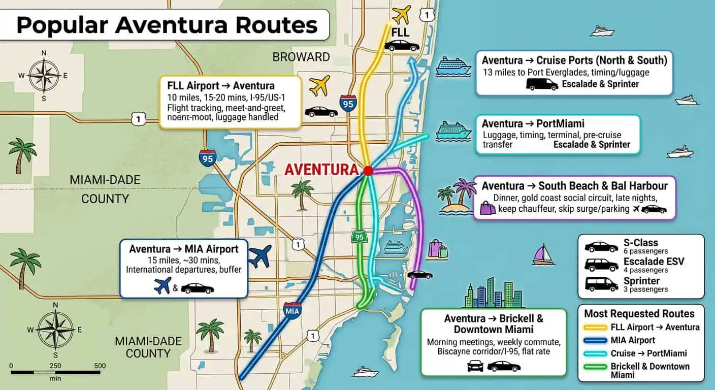 An infographic route map centered on Aventura, Florida, highlighting key transportation routes including FLL and MIA airports, Port Everglades, PortMiami, Brickell, Downtown Miami, South Beach, and Bal Harbour, with vehicle recommendations and travel details for each destination.