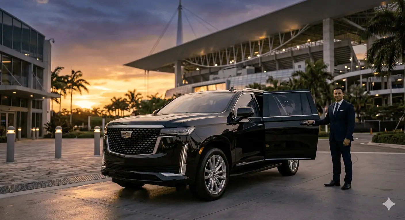 Black Cadillac Escalade SUV with chauffeur at Hard Rock Stadium entrance for FIFA World Cup 2026 Miami limo transfer