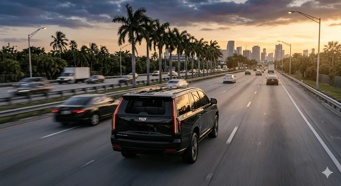Black escalade miami highway sunset world cup limo transfer