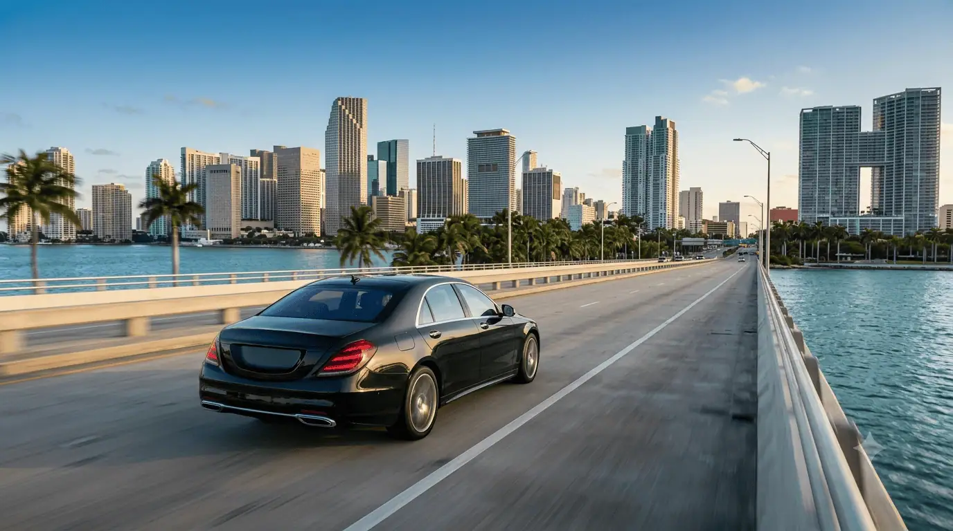 A black Mercedes-Benz S-Class luxury sedan driving along a Miami causeway over turquoise Biscayne Bay with the Downtown Miami skyline in the background.