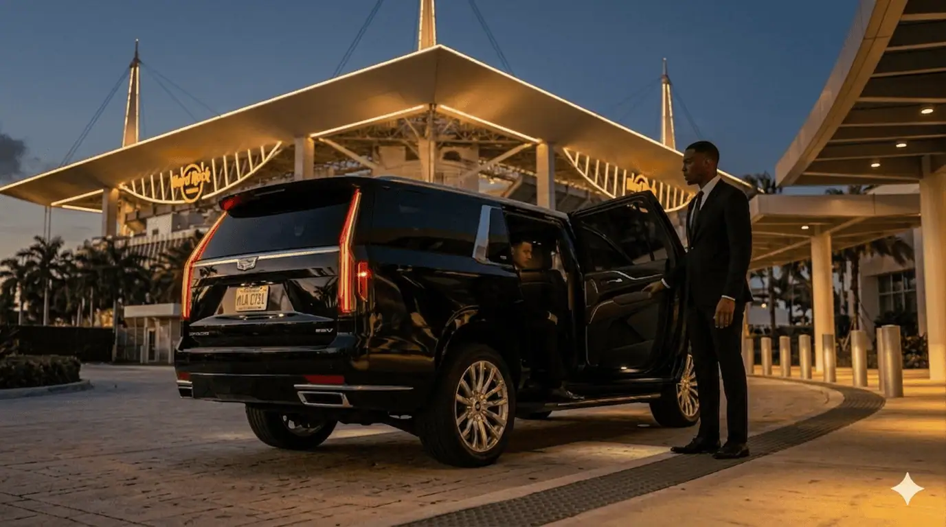 Professional Metheora Limo chauffeur in dark suit opening the rear door of a black Cadillac Escalade ESV at the VIP arrival lane outside Hard Rock Stadium Miami Gardens, elegantly dressed couple stepping out, Brazil and Portugal soccer fans with scarves visible in background, FIFA World Cup 2026 Miami limo service