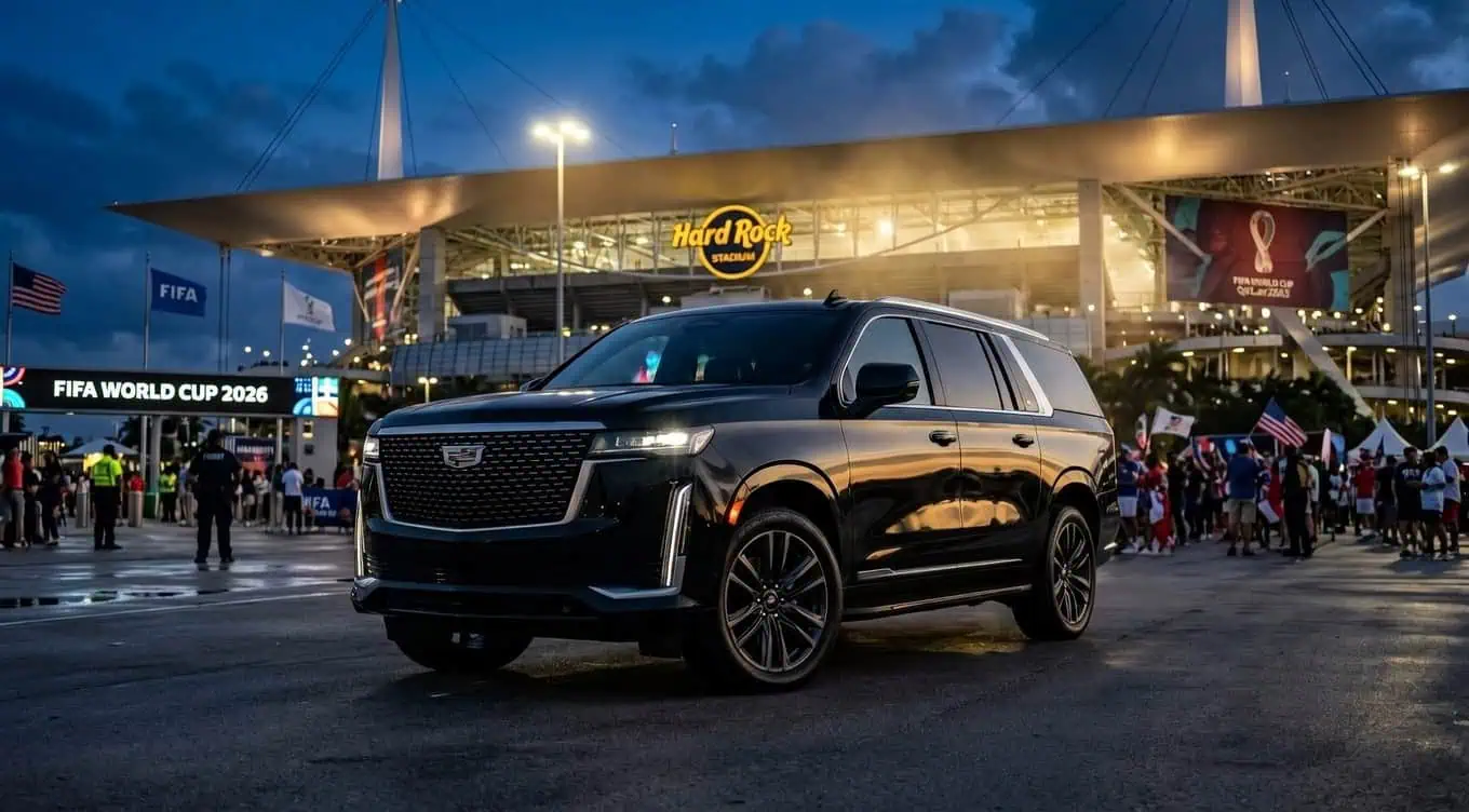 Black Cadillac Escalade ESV luxury SUV outside Hard Rock Stadium Miami for FIFA World Cup 2026 match day transportation