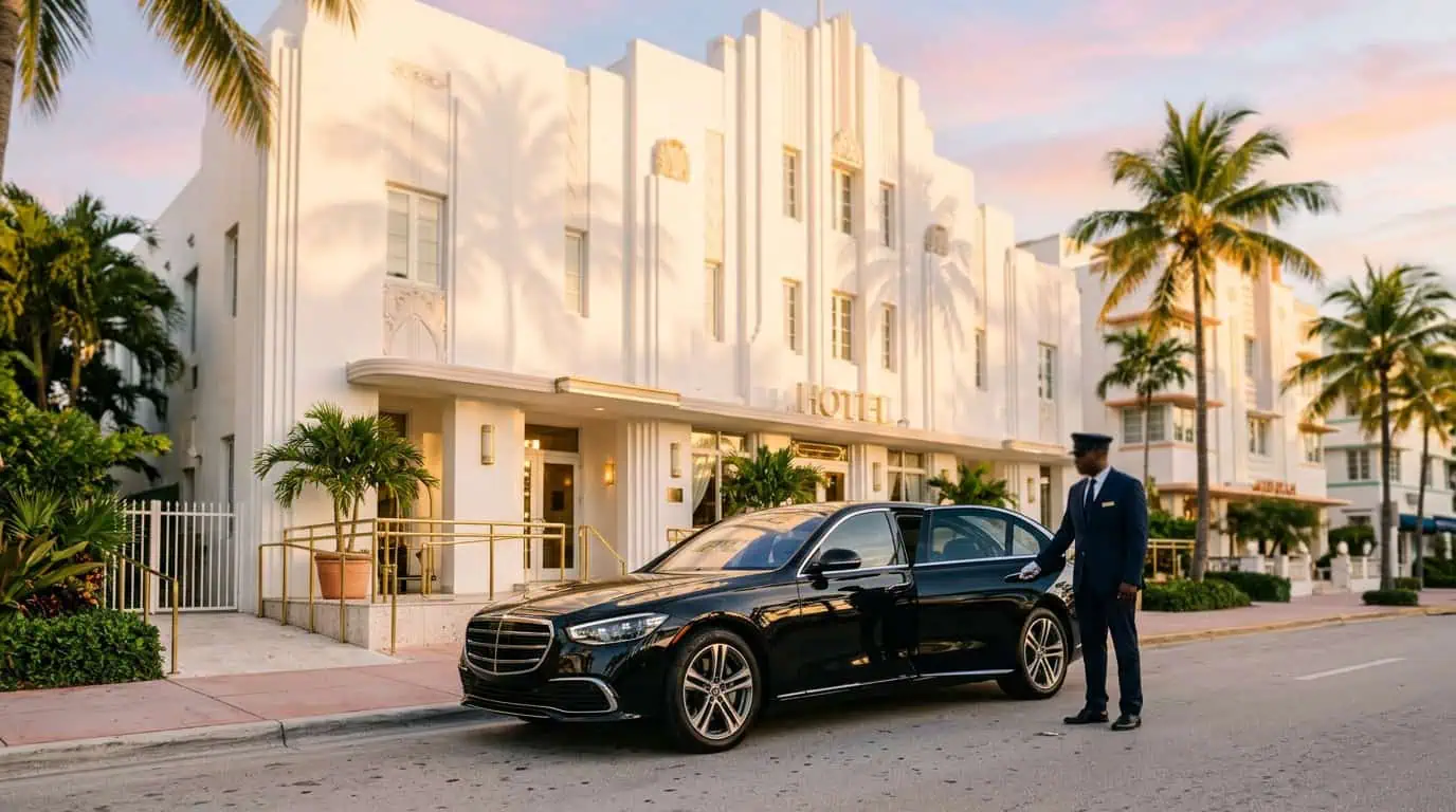 Black Mercedes S-Class arriving at a white Art Deco hotel on Collins Avenue in South Beach at dusk