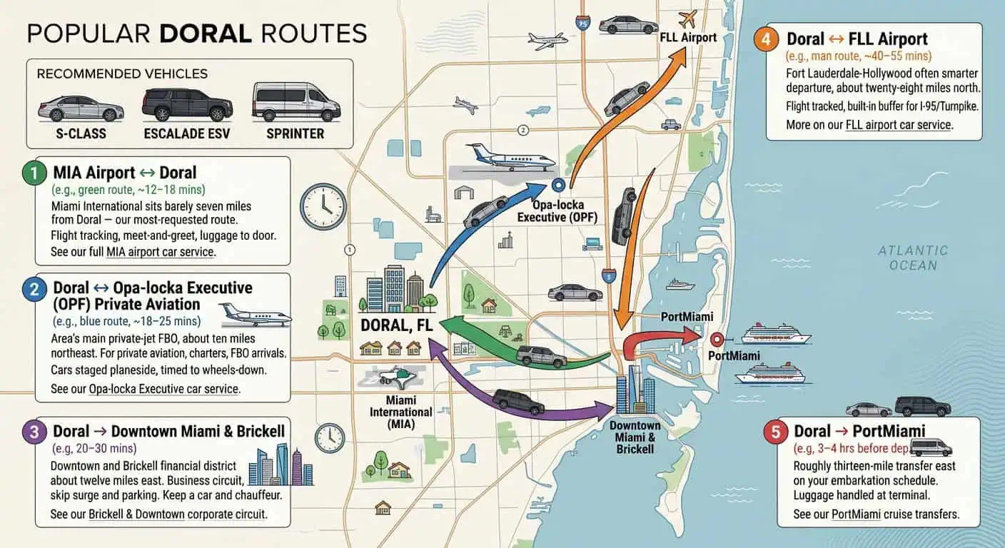 Metheora Limo Miami's infographic map of popular chauffeured car service routes from Doral. The visual details connections to MIA Airport, FLL Airport, Opa-locka Executive (OPF) for private aviation, Downtown Miami and Brickell financial districts, and PortMiami for cruises, showcasing available fleet vehicles.