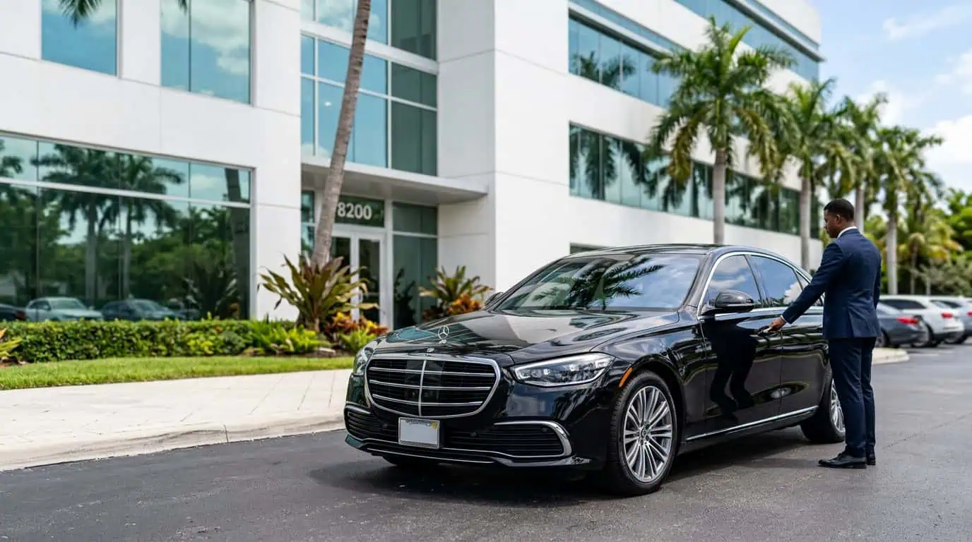 Chauffeur with a black Mercedes at a Doral corporate office - delegation car service.