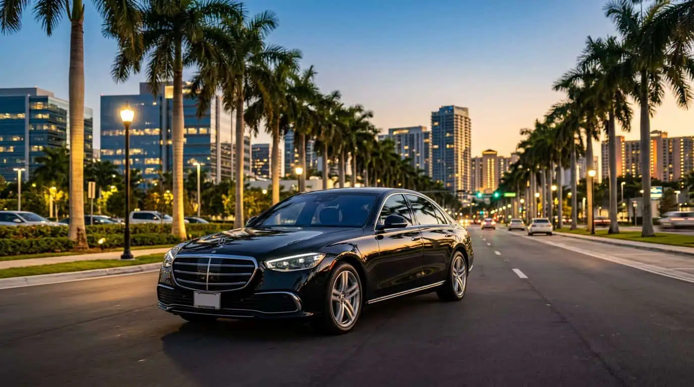 Black Mercedes car service on a Doral boulevard during Miami’s 2026 G20 Leaders’ Summit running from December 14 to December 15, 2026