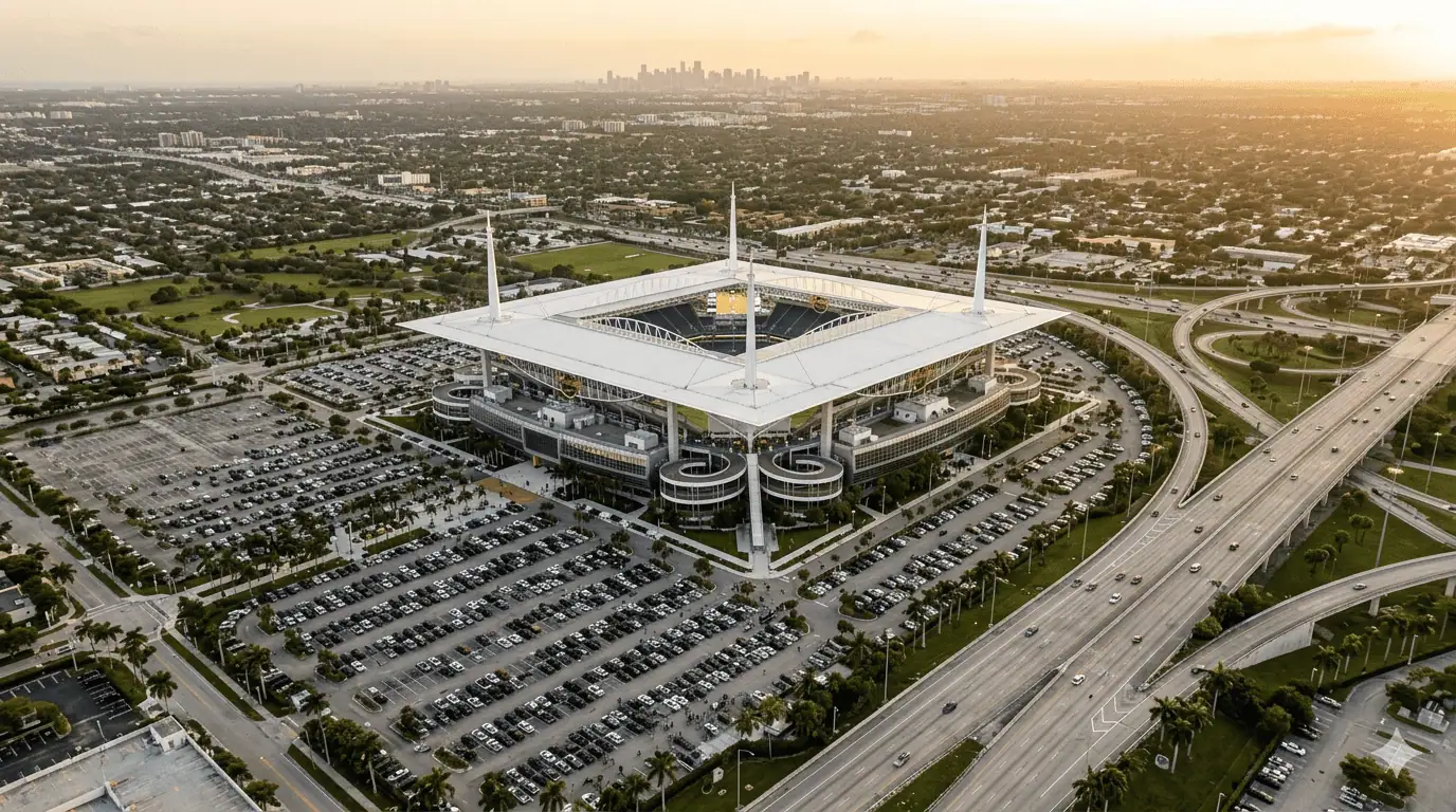 Aerial view of Hard Rock Stadium in Miami Gardens surrounded by highways and parking lots for FIFA World Cup 2026 matches