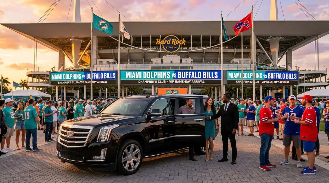 Professional Metheora Limo chauffeur in a dark suit opening the rear door of a black Cadillac Escalade ESV at the arrival lane outside Hard Rock Stadium in Miami Gardens on game day