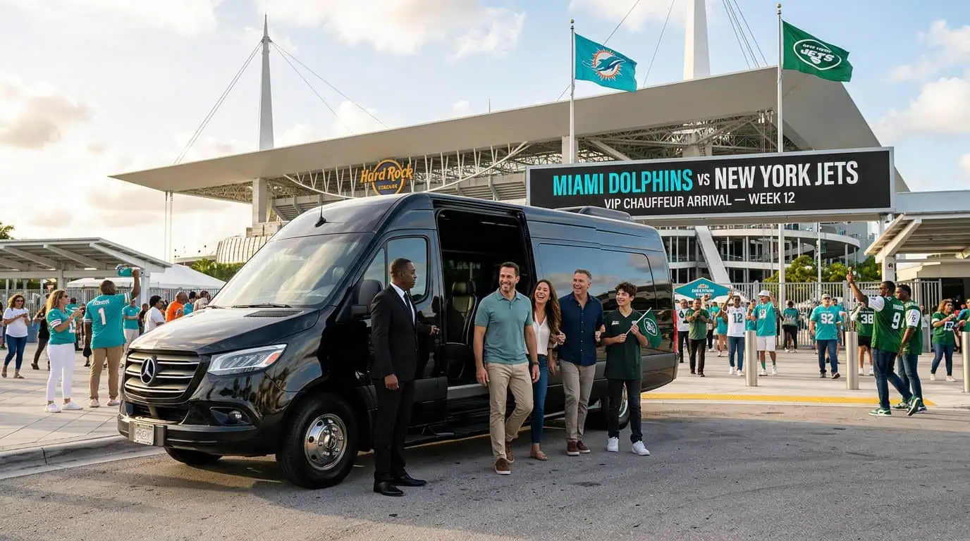Professional Metheora Limo chauffeur in a dark suit opening the rear door of a black Cadillac Escalade ESV at the arrival lane outside Hard Rock Stadium in Miami Gardens on game day
