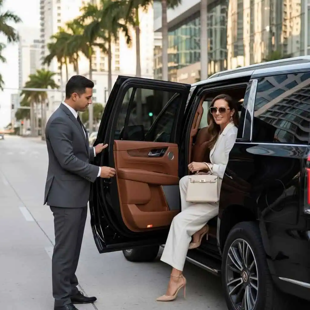 Metheora Limo Miami chauffeur opening the door of a black Cadillac Escalade ESV for a professionally dressed guest in Brickell, Miami, palm trees and Downtown Miami high-rises visible in background — luxury corporate chauffeur service Miami