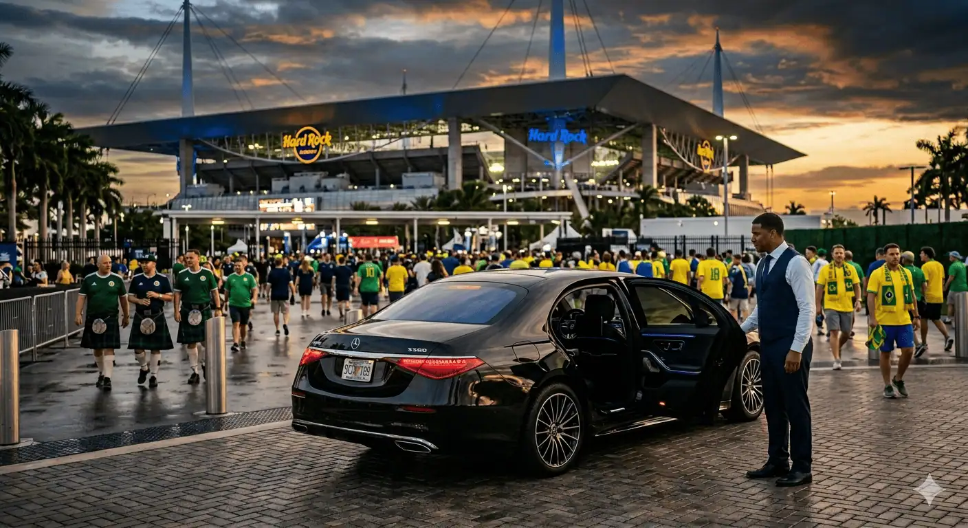 Professional Metheora Limo chauffeur in dark suit opening the rear door of a black Cadillac Escalade ESV at the VIP arrival lane outside Hard Rock Stadium Miami Gardens, elegantly dressed couple stepping out, Brazil and Portugal soccer fans with scarves visible in background, FIFA World Cup 2026 Miami limo service
