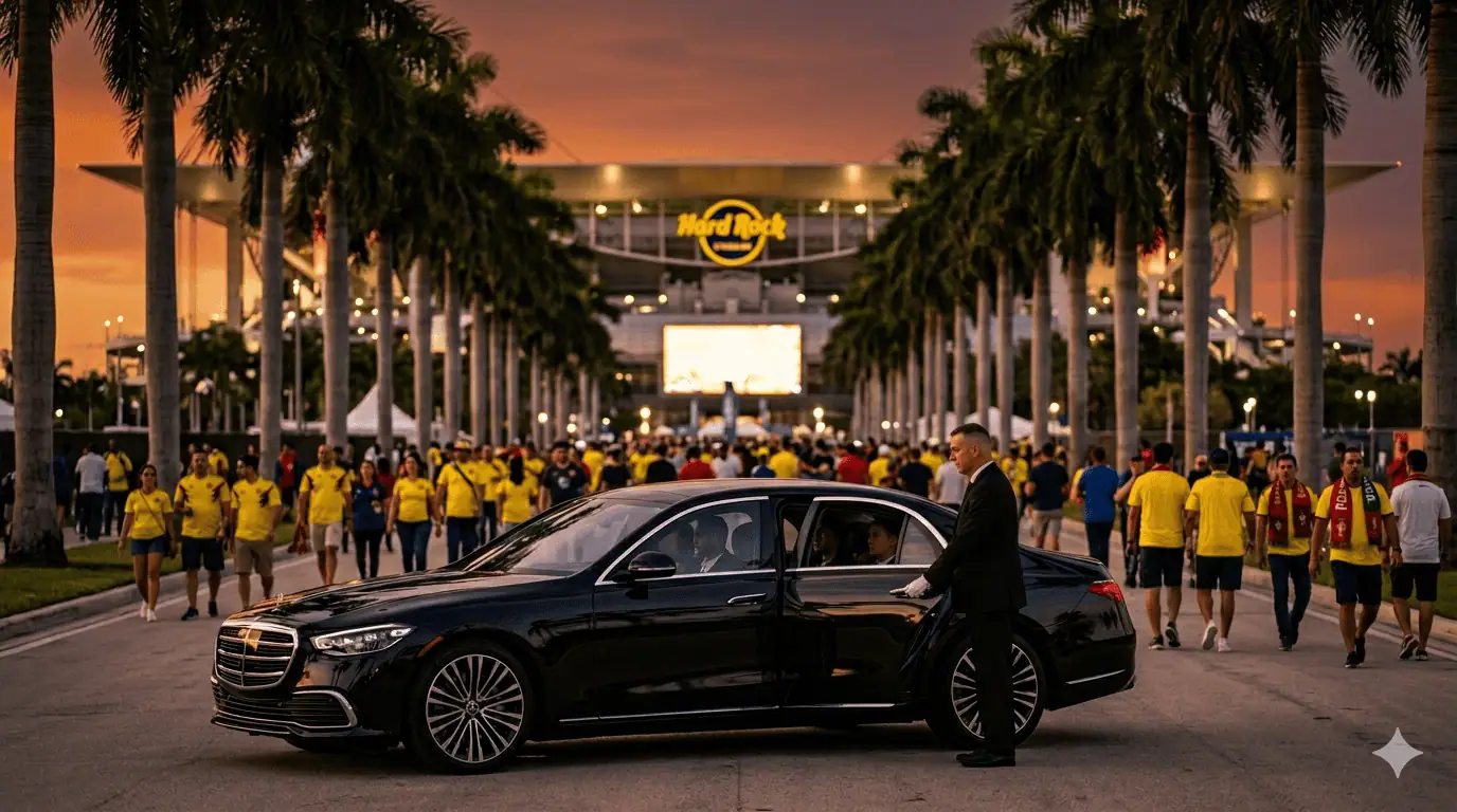 Professional Metheora Limo chauffeur in dark suit opening the rear door of a black Cadillac Escalade ESV at the VIP arrival lane outside Hard Rock Stadium Miami Gardens, elegantly dressed couple stepping out, Brazil and Portugal soccer fans with scarves visible in background, FIFA World Cup 2026 Miami limo service