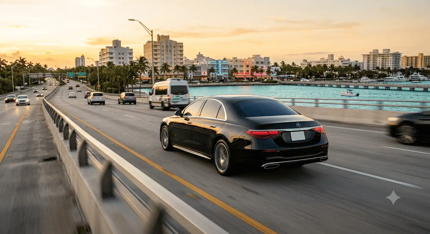 A black late-model Mercedes-Benz S-Class sedan driving on the MacArthur Causeway at golden hour, with Miami's turquoise water, palm trees, and the South Beach Art Deco skyline in the background.
