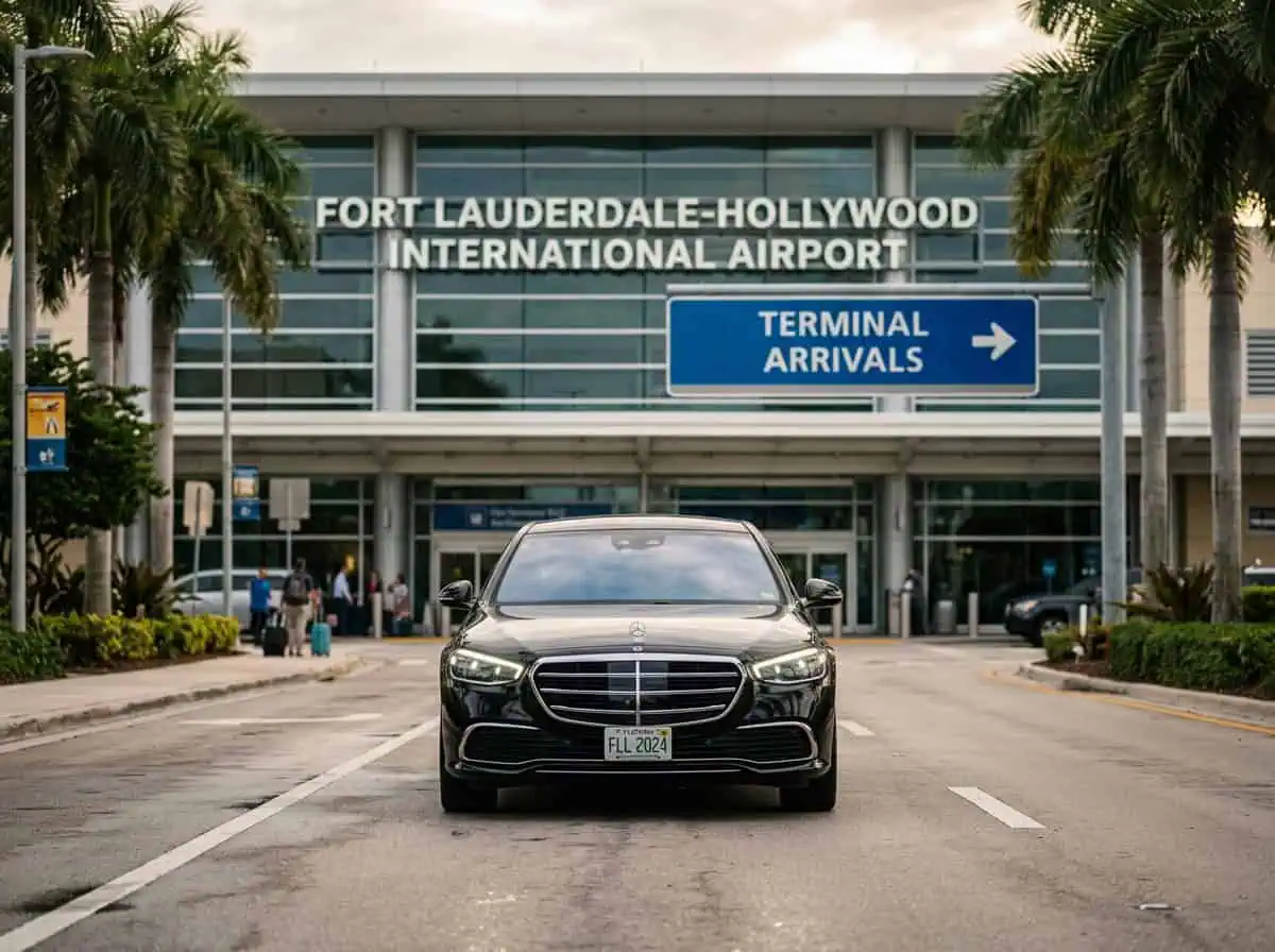 Professional Metheora Limo chauffeur in dark suit opening the rear door of a black Cadillac Escalade ESV at the VIP arrival lane outside Hard Rock Stadium Miami Gardens, elegantly dressed couple stepping out, Brazil and Portugal soccer fans with scarves visible in background, FIFA World Cup 2026 Miami limo service