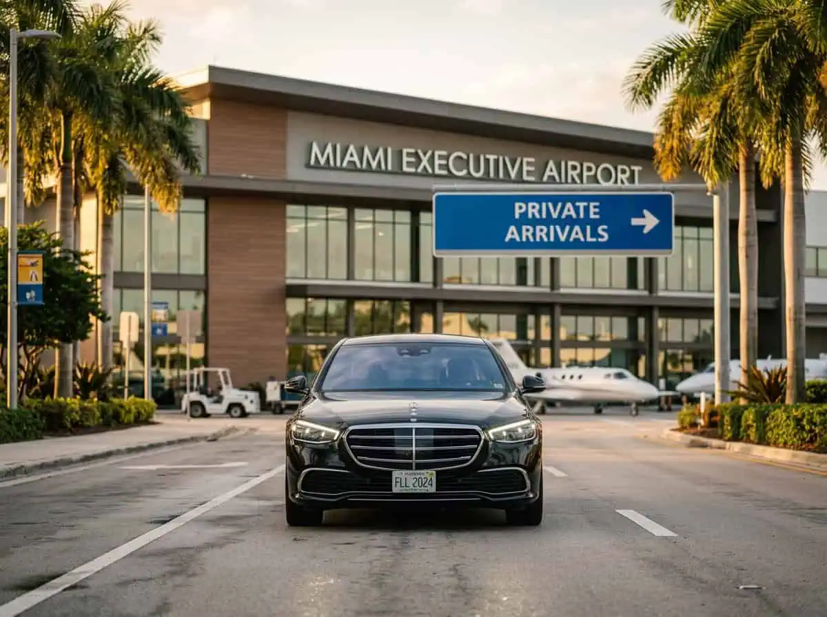 Professional Metheora Limo chauffeur in dark suit opening the rear door of a black Cadillac Escalade ESV at the VIP arrival lane outside Hard Rock Stadium Miami Gardens, elegantly dressed couple stepping out, Brazil and Portugal soccer fans with scarves visible in background, FIFA World Cup 2026 Miami limo service