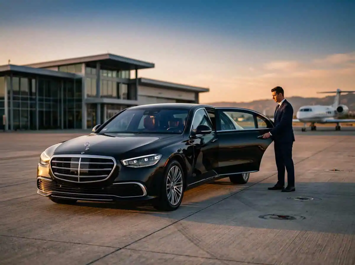 Black Mercedes-Benz S-Class at Miami Executive Airport terminal — Metheora Limo TMB private aviation car service