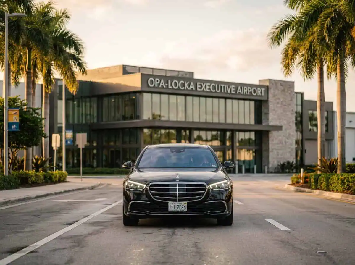 Professional Metheora Limo chauffeur in dark suit opening the rear door of a black Cadillac Escalade ESV at the VIP arrival lane outside Hard Rock Stadium Miami Gardens, elegantly dressed couple stepping out, Brazil and Portugal soccer fans with scarves visible in background, FIFA World Cup 2026 Miami limo service