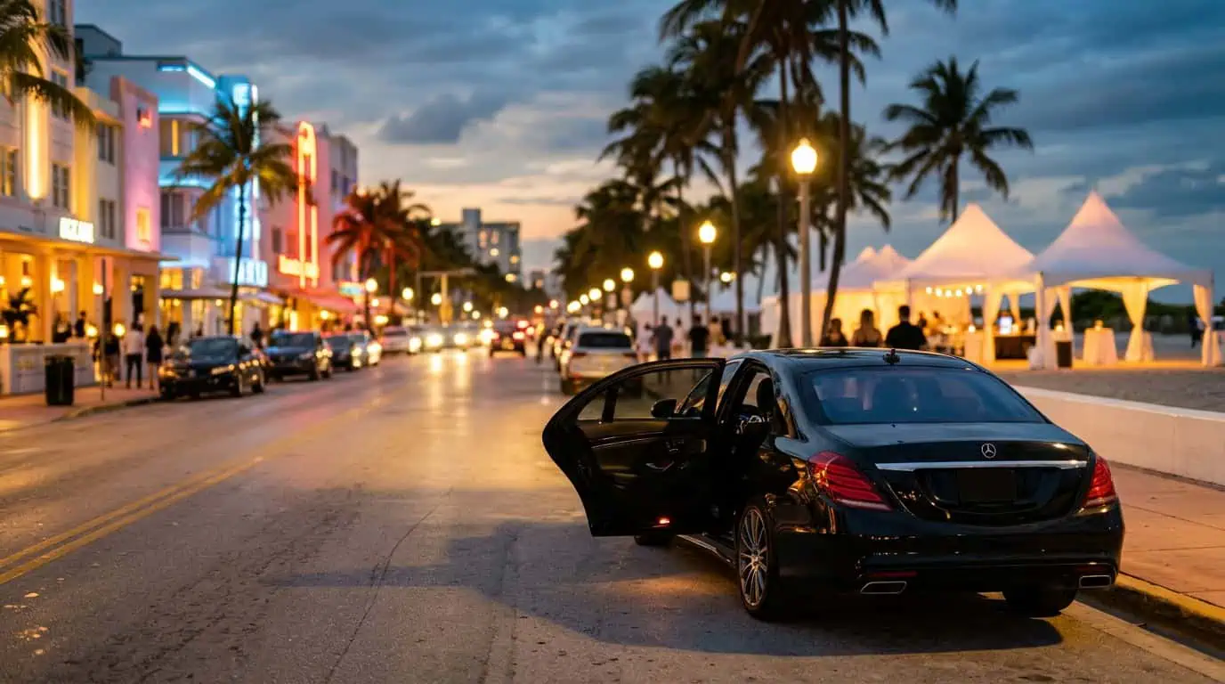 Black Metheora Limo sedan waiting on Ocean Drive in South Beach during the South Beach Wine & Food Festival.