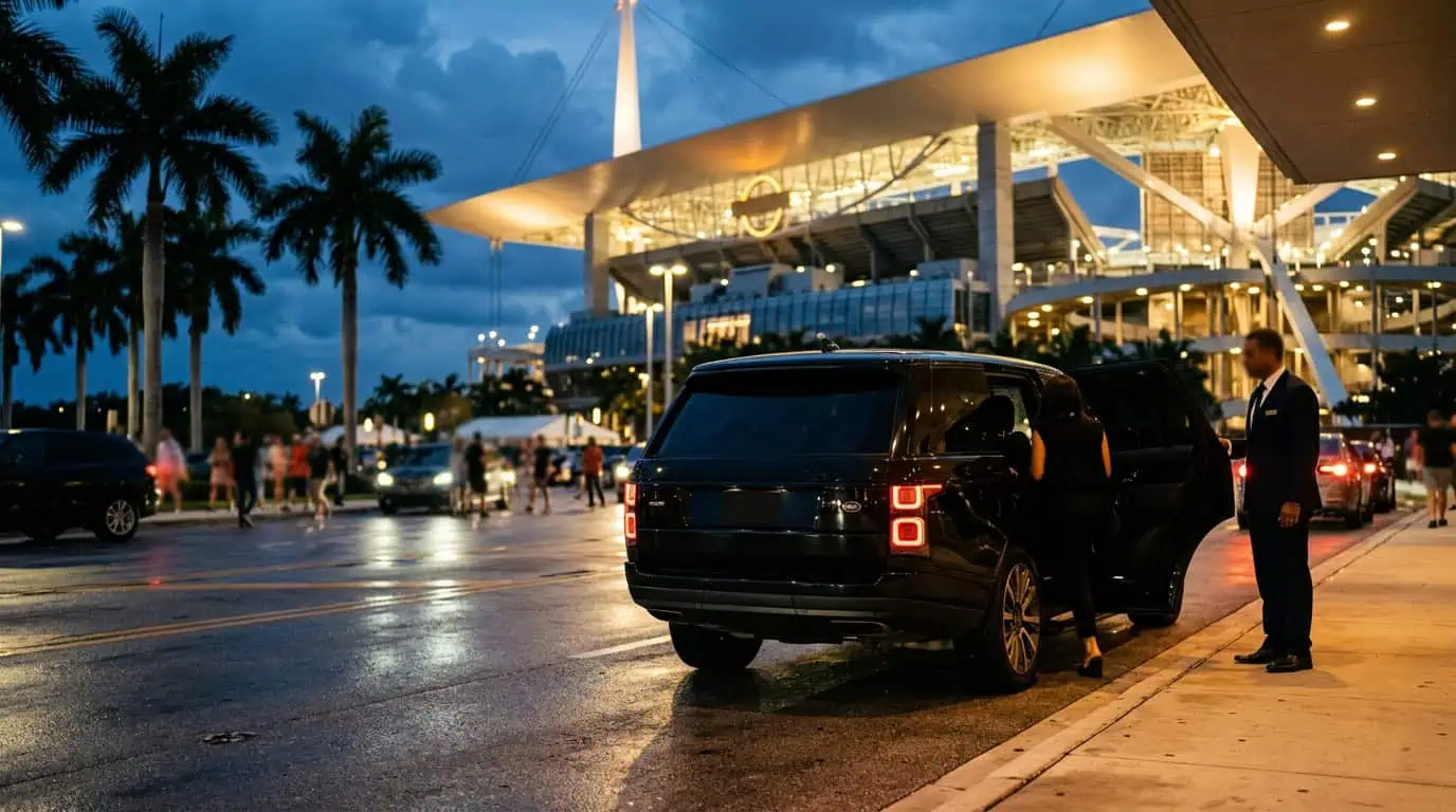 Black Metheora Limo SUV at the Hard Rock Stadium drop-off lane on a college football bowl game night in Miami Gardens.