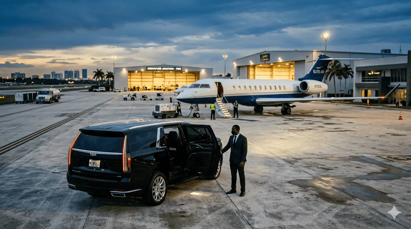 Metheora Limo chauffeur opening the door of a black Cadillac Escalade ESV on the ramp at Opa-locka Executive Airport at dusk, with a large-cabin business jet and FBO hangar visible in the background