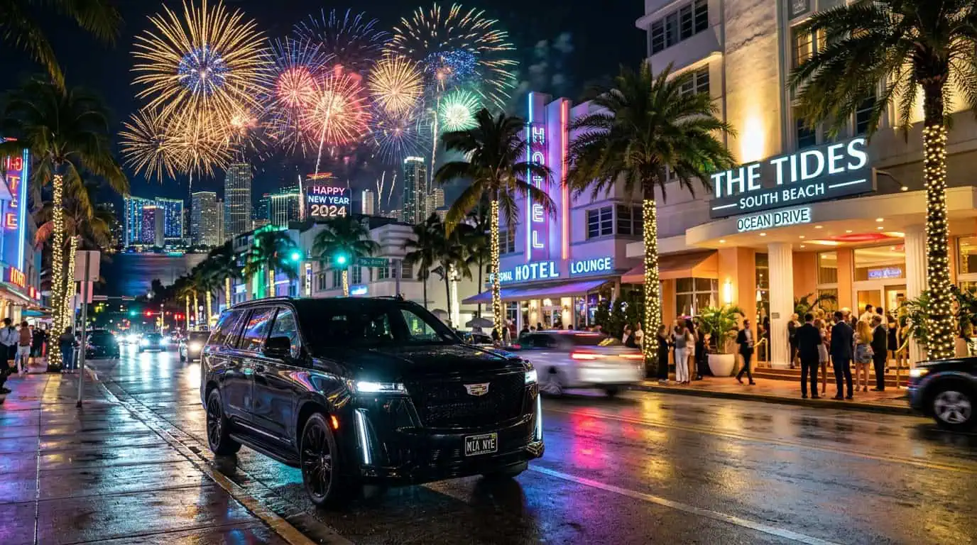 Black Mercedes chauffeur vehicle at a Miami hotel entrance on New Year’s Eve — Metheora Limo