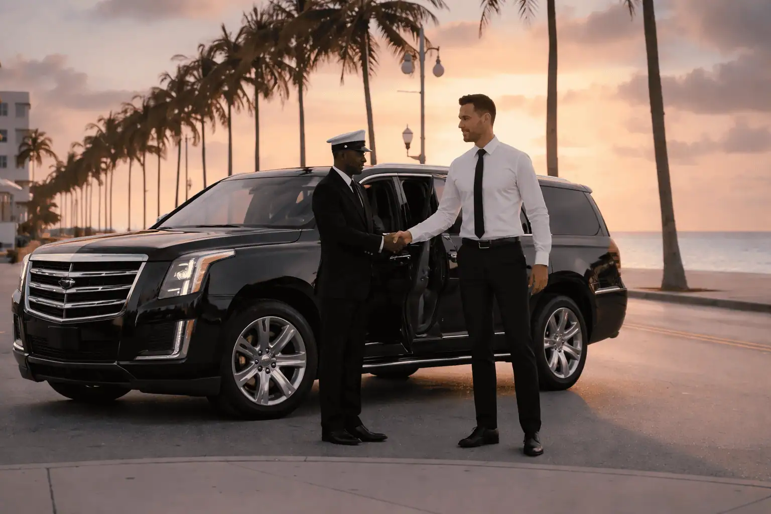 Professional Metheora Limo chauffeur greeting business executive beside black Cadillac Escalade ESV at sunset on Miami Beach waterfront, black car service South Florida