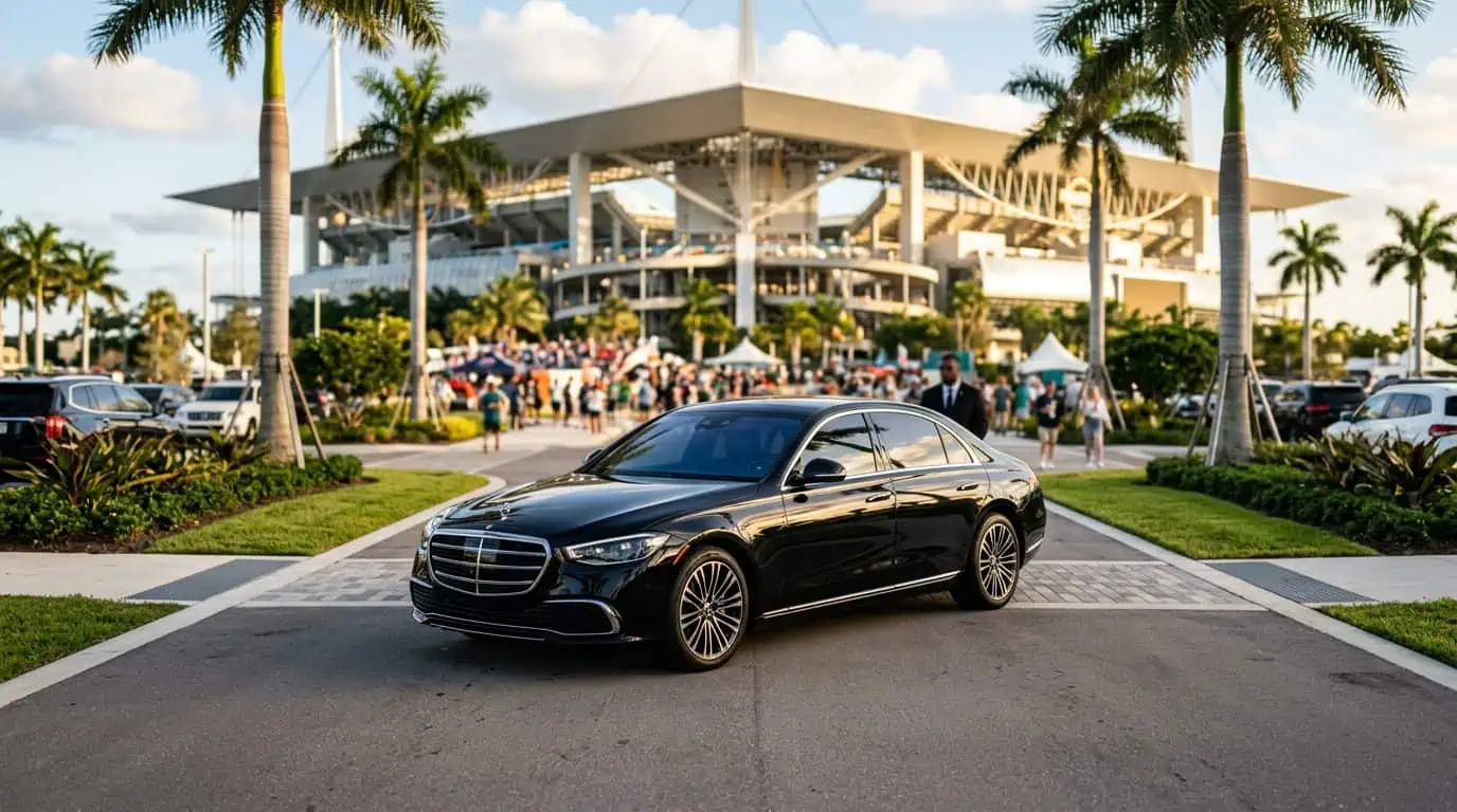 Metheora Limo black car service arriving at Hard Rock Stadium in Miami Gardens for a Miami Hurricanes game day.