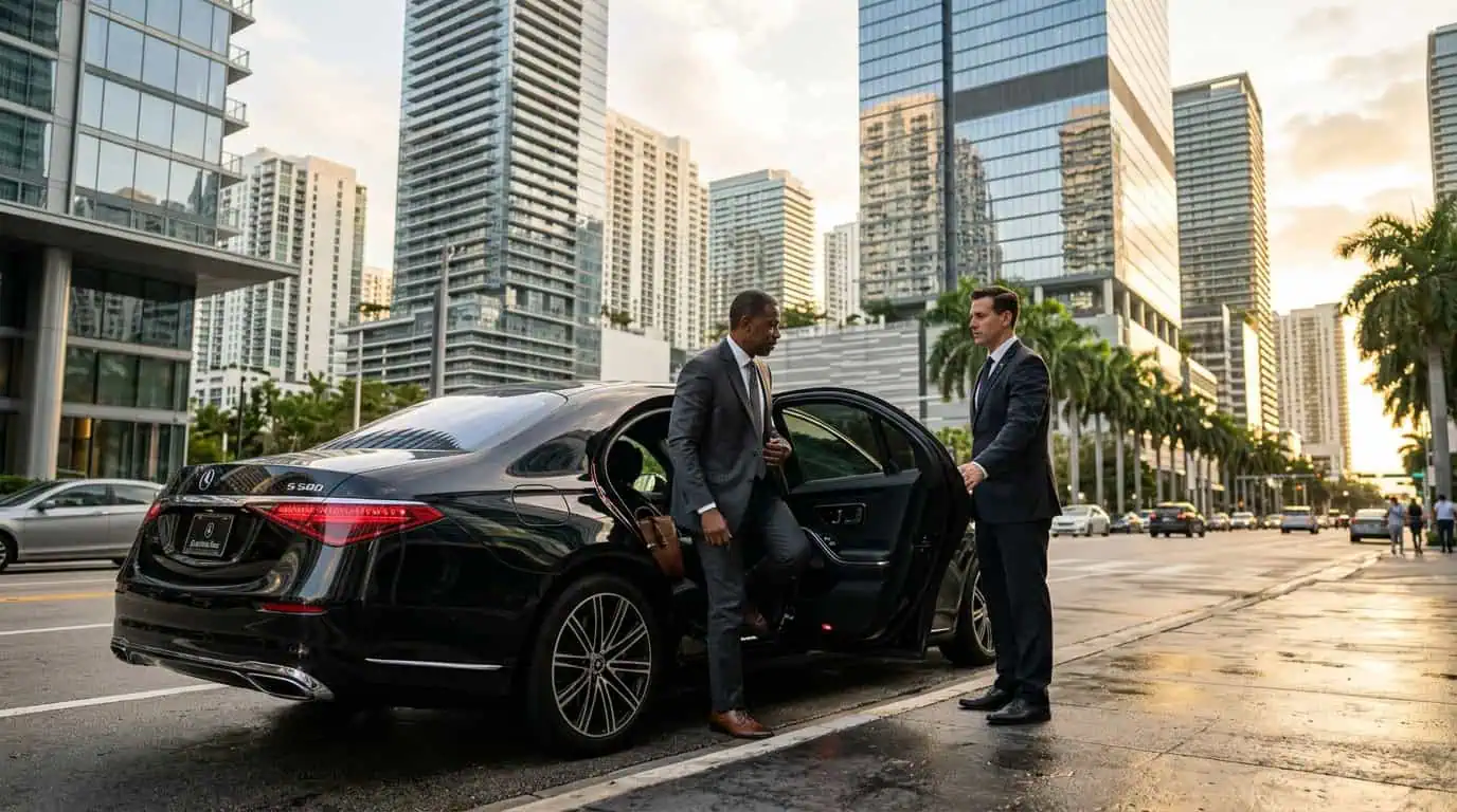 Executive stepping into a black Mercedes-Benz S-Class outside a Brickell office tower — Metheora Limo corporate transportation Miami