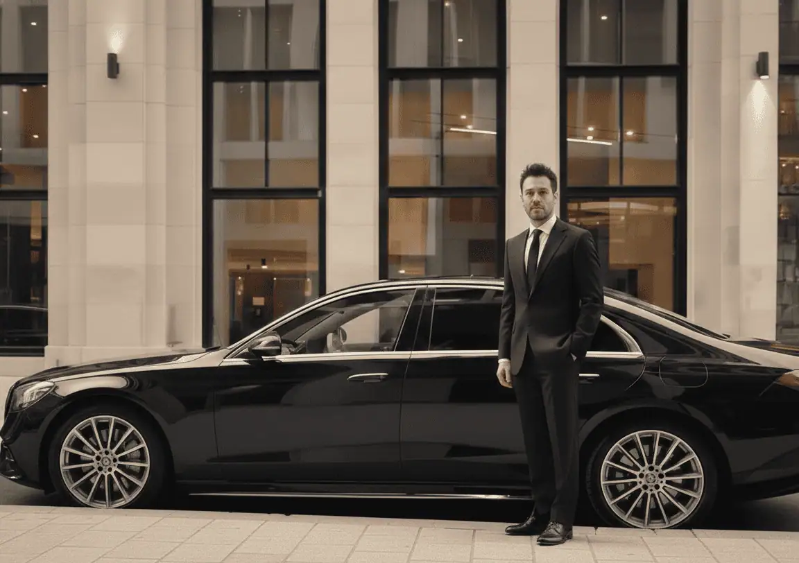 Metheora limo driver standing in front of the vehicle