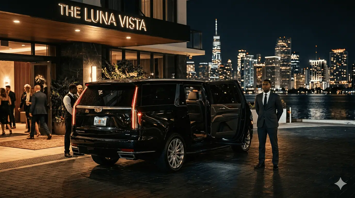 Professional Metheora Limo chauffeur opening rear door of black Cadillac Escalade ESV at Miami event venue entrance at night — luxury event transportation service Miami