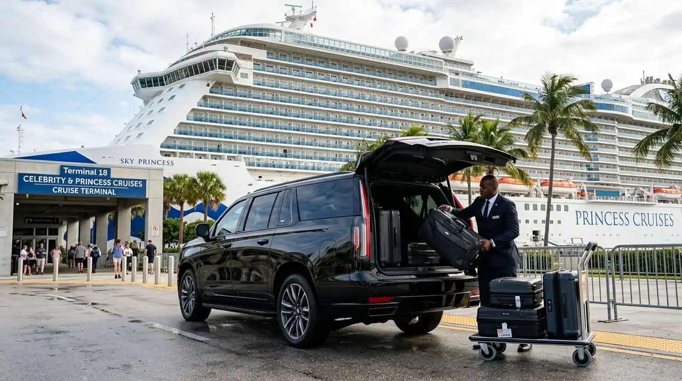 Chauffeur loading cruise luggage into a black Cadillac Escalade ESV at Port Everglades — Metheora Limo FLL transfers