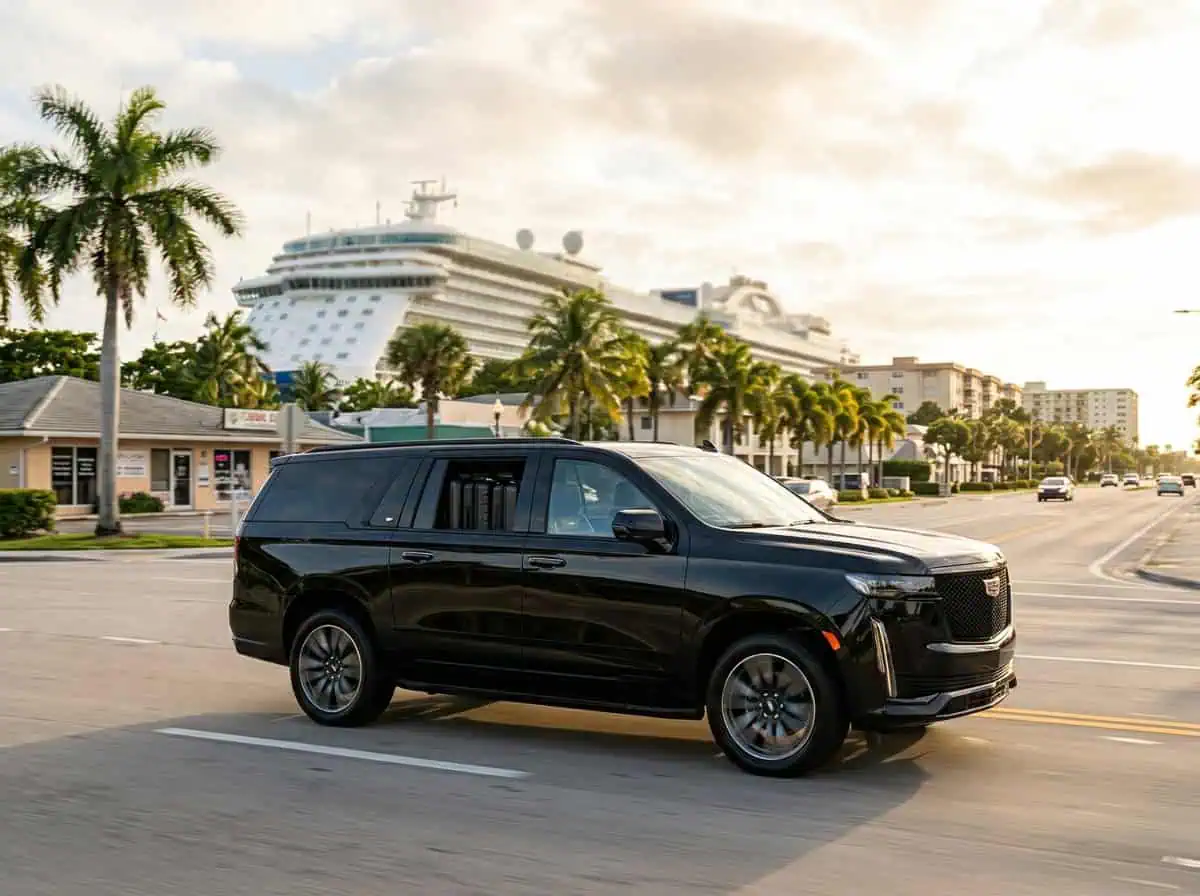 Black Cadillac Escalade ESV on U.S. 1 Fort Lauderdale with cruise ship visible in background — Metheora Limo cruise terminal transfer service