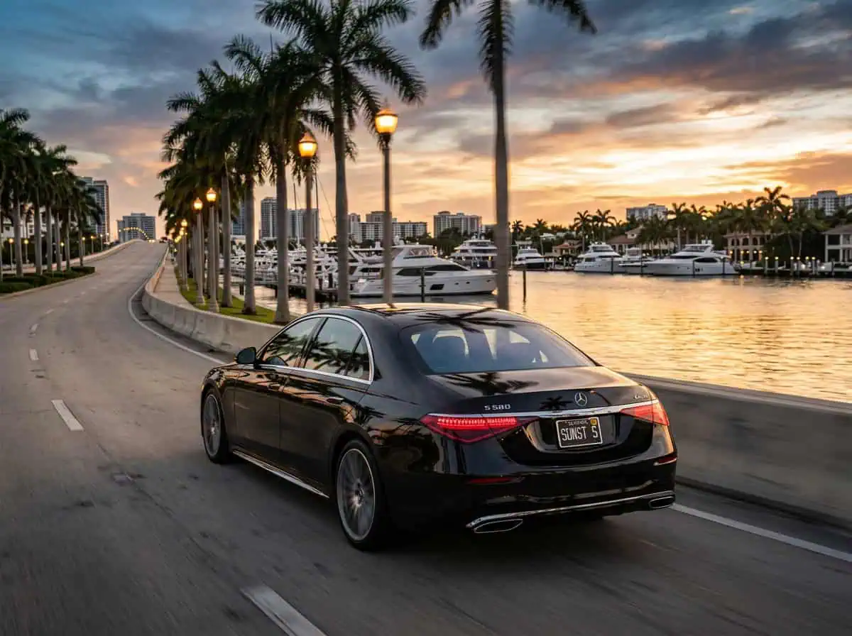 Black Mercedes-Benz S-Class driving along Fort Lauderdale's 17th Street Causeway with Intracoastal waterway and yachts in background — Metheora Limo boat show chauffeur service