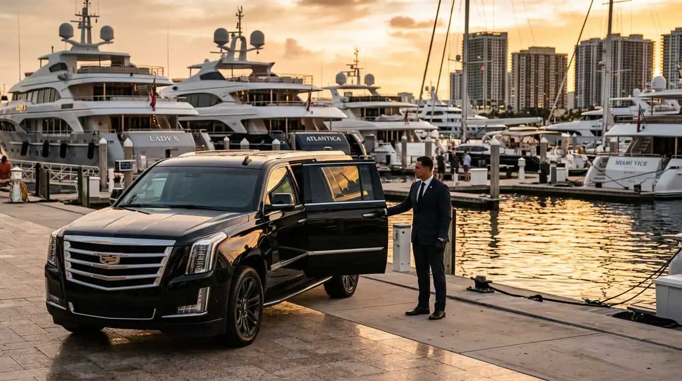 Black Cadillac Escalade ESV with chauffeur at Fort Lauderdale marina waterfront during boat show week — Metheora Limo FLIBS transportation service