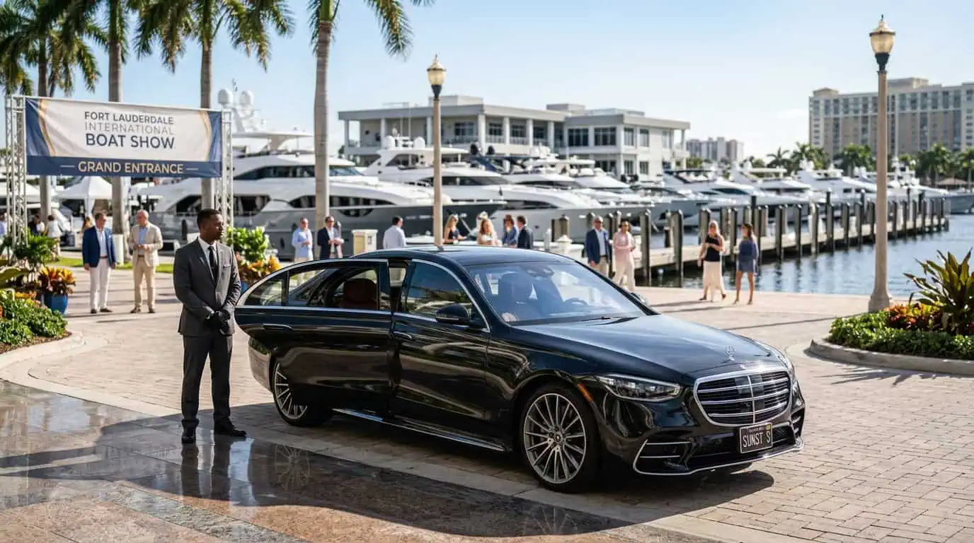 Chauffeur holding the door of a black Mercedes-Benz S-Class for a guest during Fort Lauderdale boat show week — Metheora Limo