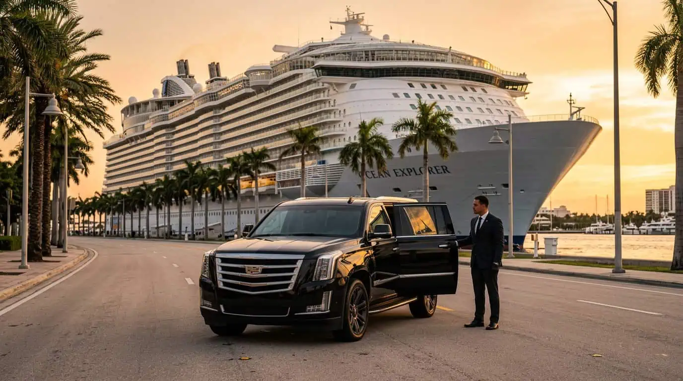 Chauffeur loading cruise luggage into a black Cadillac Escalade ESV at PortMiami — Metheora Limo cruise transfers