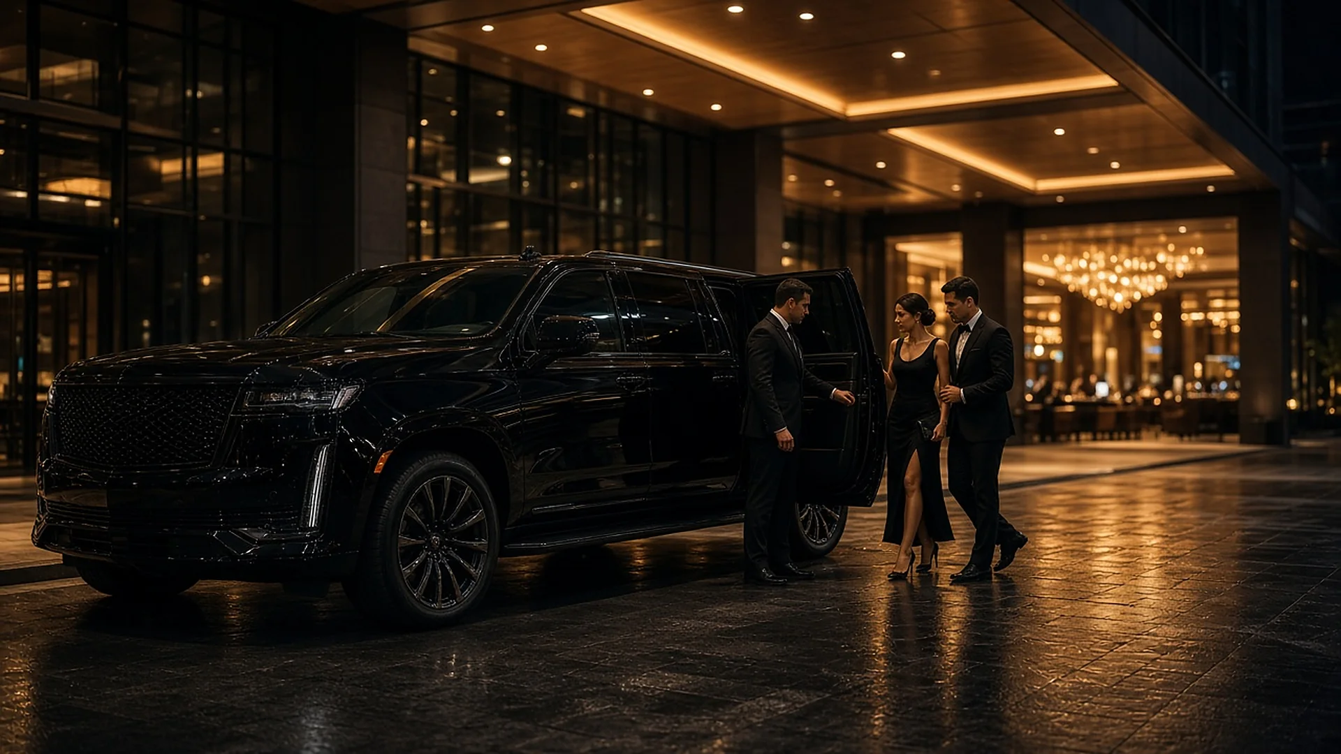 Metheora Limo chauffeur opening the rear door of a black Cadillac Escalade ESV for guests arriving at the Seminole Hard Rock Hotel and Casino in Hollywood for a Hard Rock Live show