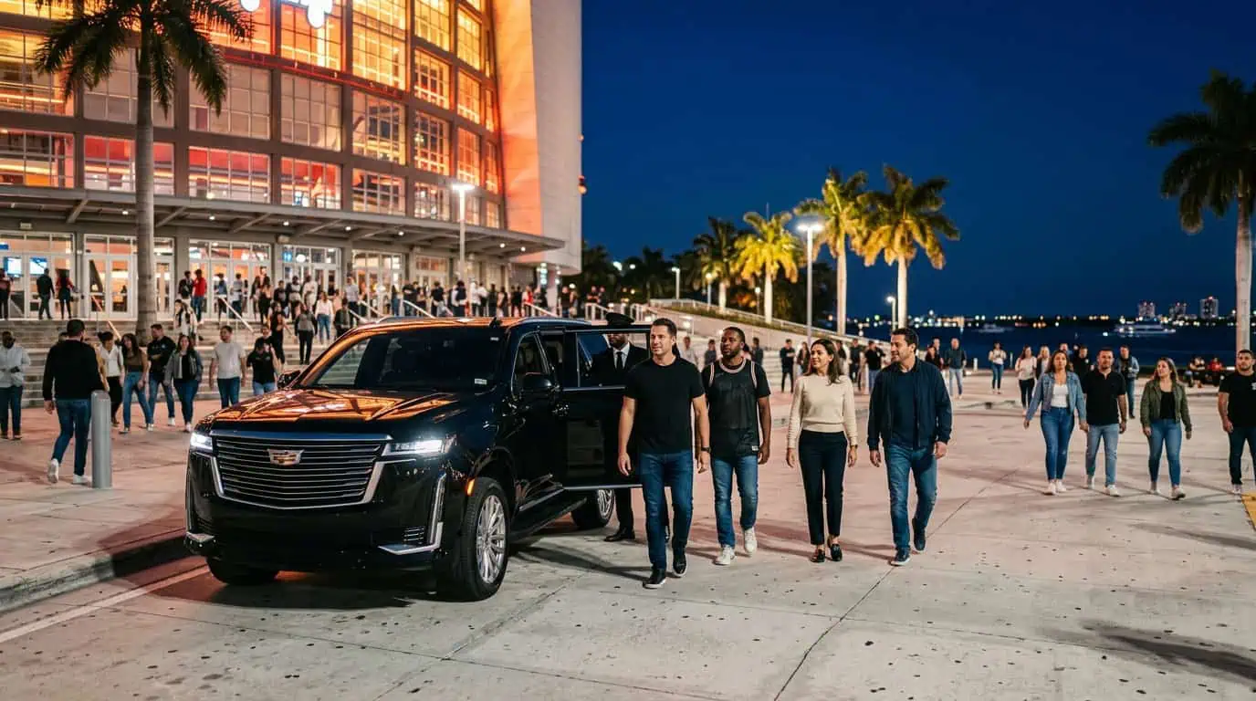 Professional Metheora Limo chauffeur in a dark suit opening the rear door of a black Cadillac Escalade ESV at the arrival lane outside Kaseya Center downtown Miami, elegantly dressed couple stepping out, fans celebrating outside the arena on a Miami event night