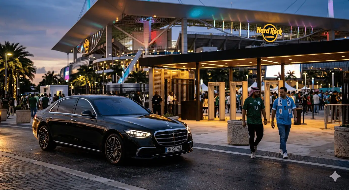 Professional Metheora Limo chauffeur in dark suit opening the rear door of a black Cadillac Escalade ESV at the VIP arrival lane outside Hard Rock Stadium Miami Gardens, elegantly dressed couple stepping out, Brazil and Portugal soccer fans with scarves visible in background, FIFA World Cup 2026 Miami limo service