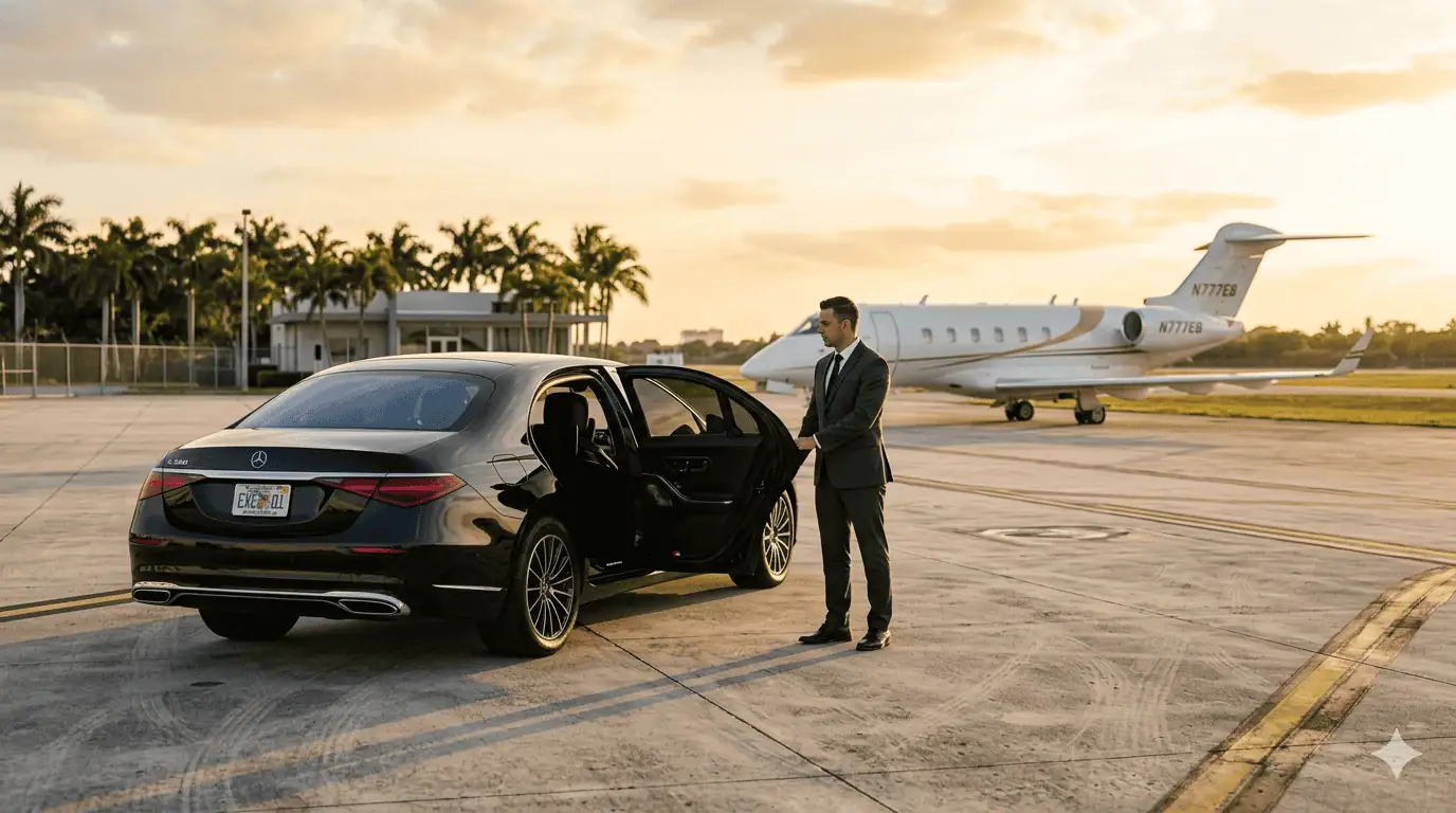 Metheora Limo chauffeur opening the door of a black Mercedes-Benz S-Class on the tarmac at Miami Executive Airport, with a private business jet parked in the background at golden hour