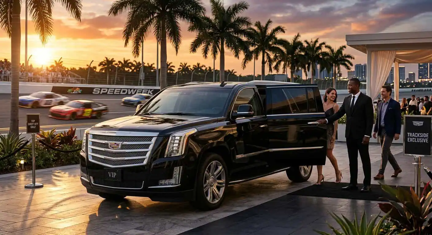 Black Cadillac Escalade ESV at Port Everglades cruise terminal with cruise ship in background — Metheora Limo FLL to Port Everglades transfer