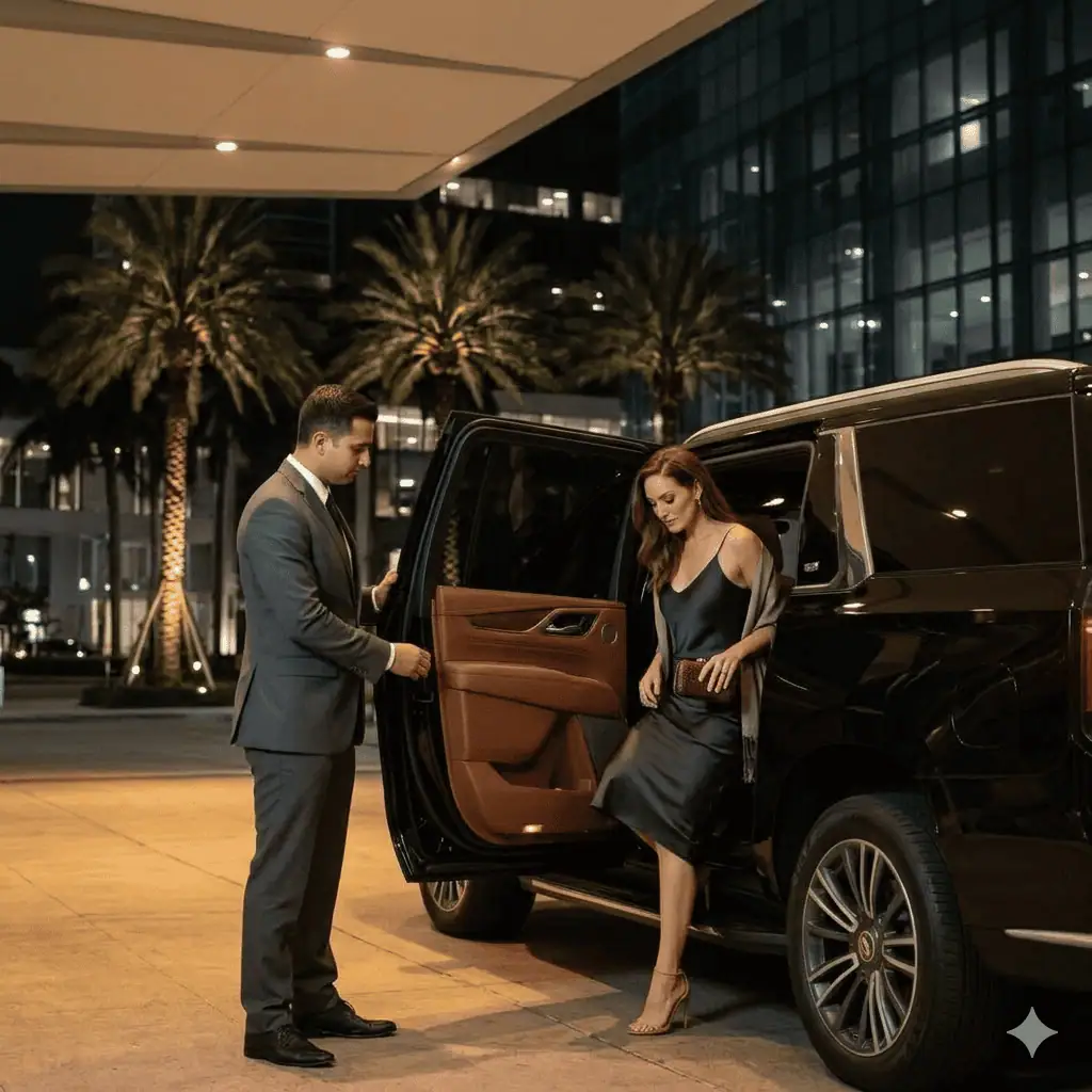 Metheora Limo Miami chauffeur opening the door of a black Cadillac Escalade ESV for a passenger arriving at a concert venue in Miami at night