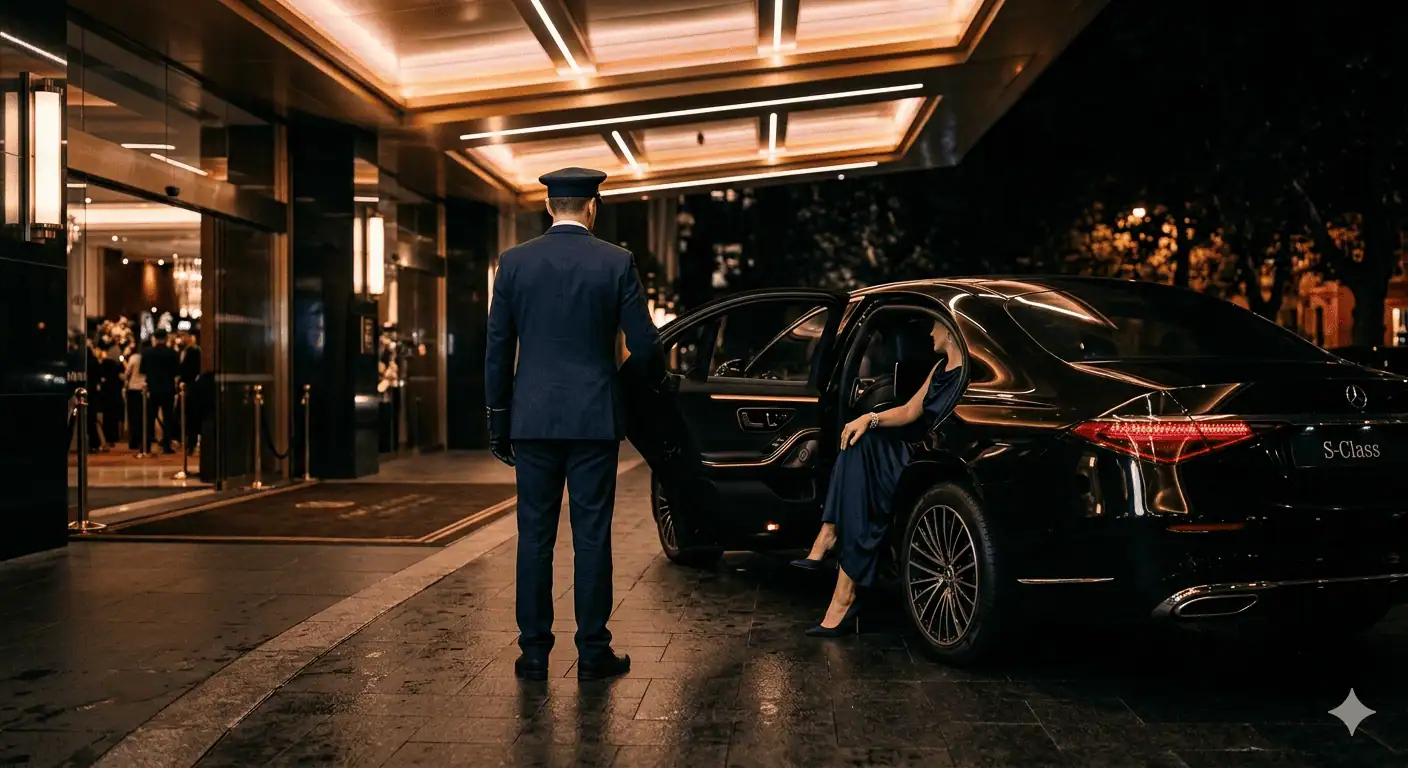 Professional Metheora Limo chauffeur in dark suit opening the rear door of a black Cadillac Escalade ESV at the VIP arrival lane outside Hard Rock Stadium Miami Gardens, elegantly dressed couple stepping out, Brazil and Portugal soccer fans with scarves visible in background, FIFA World Cup 2026 Miami limo service